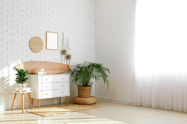 Interior of light room with wooden surfboard, commode and houseplants - Photo, Image