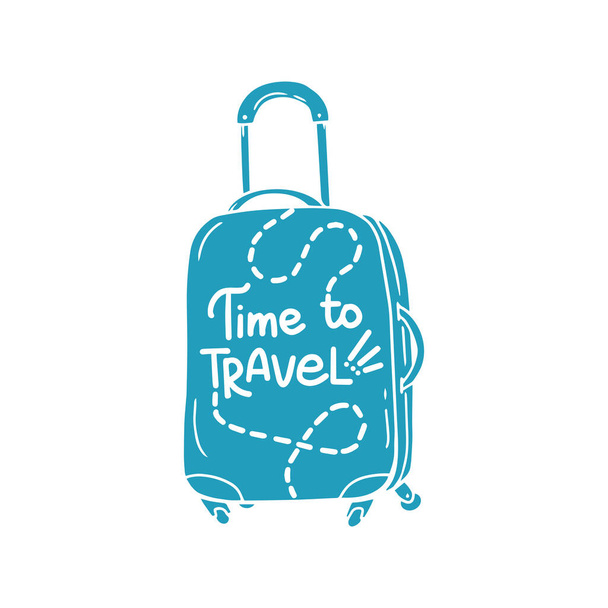 Time to travel. Suitcase silhouette with hand drawn calligraphy inscription isolated on a white background. Vector illustration. - Vector, imagen