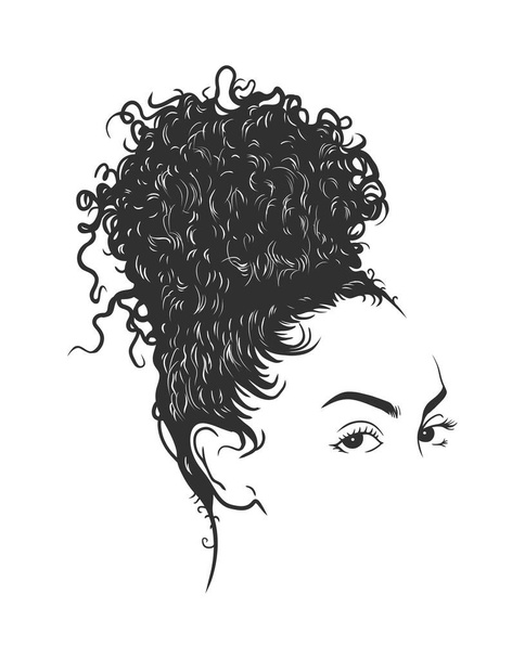 African pretty woman with Afro and bun hairstyle portrait. Silhouette on white background. Vector. Illustration. - ベクター画像