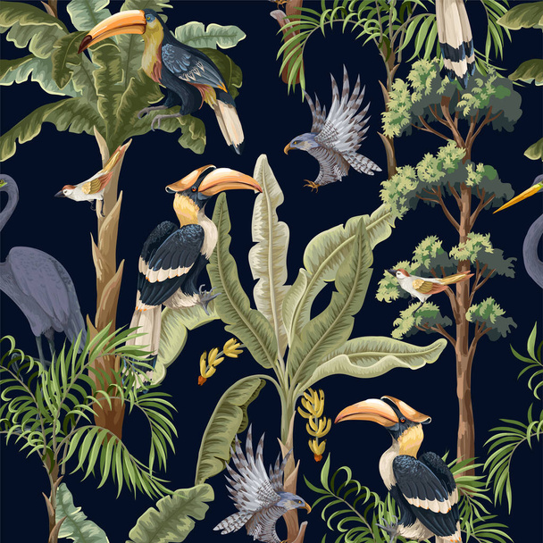 Nahtloses Muster mit Dschungelbäumen und tropischen Vögeln. Vektor. - Vektor, Bild