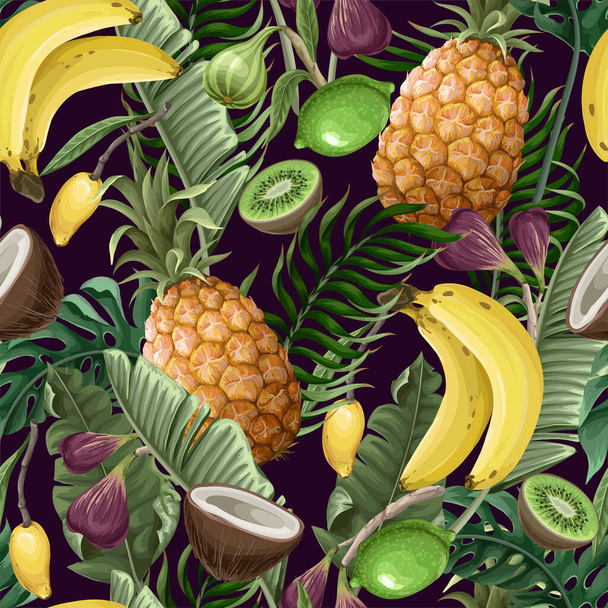Bezešvé vzory s ananasem, banány, fíky a tropickými listy. Vektor. - Vektor, obrázek