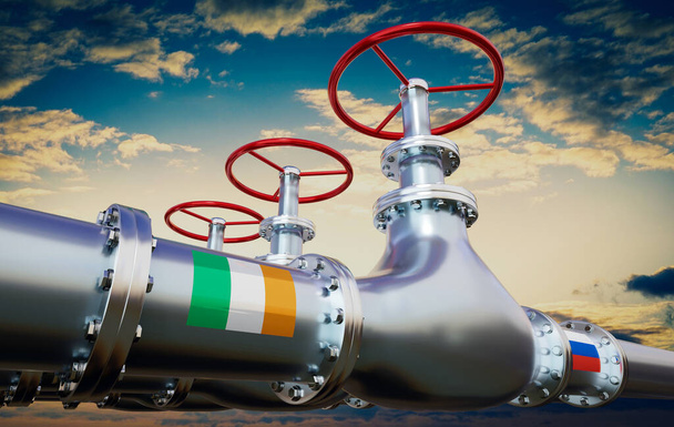 Gaspipeline, Flaggen Irlands und Russlands - 3D-Illustration - Foto, Bild