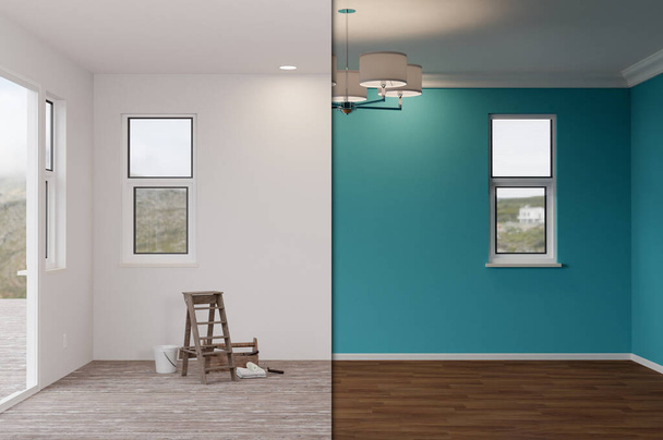 Niedokończony Surowy i nowo wyremontowany pokój mieszkalny przed i po z drewnianymi podłogami, pleśnią, bogatą niebieską farbą i światłami sufitowymi. - Zdjęcie, obraz