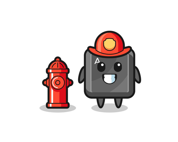 Caractère mascotte du bouton clavier en tant que pompier, design mignon - Vecteur, image