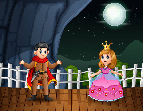 Rajzfilm egy hercegnő és herceg az éjszakai háttérben - Vektor, kép