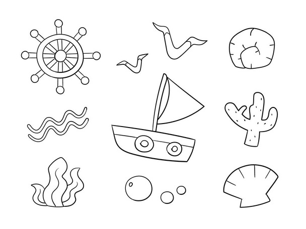Doodle σύνολο των θαλάσσιων αντικειμένων σε λευκό φόντο. Χαριτωμένο doodle γραμμή αντικείμενα για τα παιδιά που μπορούν να χρησιμοποιήσουν σε εμπορικά προϊόντα και εμπορεύματα. - Φωτογραφία, εικόνα