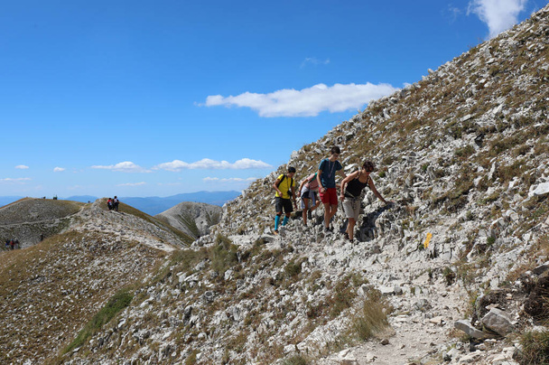 familia de 4 con tres niños y mamá caminando por las montañas en una excursión de verano - Foto, Imagen
