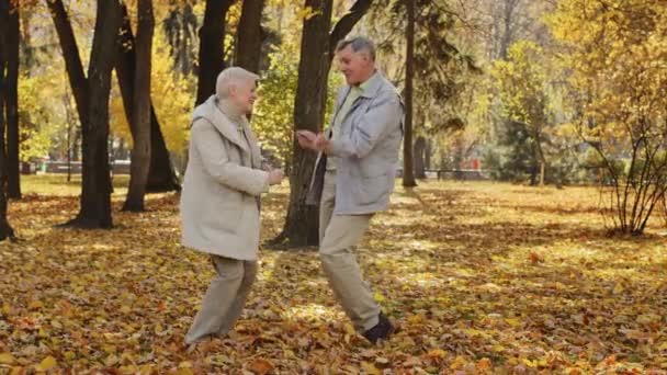 Positivo anziani famiglia ballo divertente danza in autunno parco spensierato anziani divertirsi trascorrere del tempo insieme all'aperto felice anziani coppia si muovono ritmicamente alla musica sano concetto di stile di vita attivo - Filmati, video