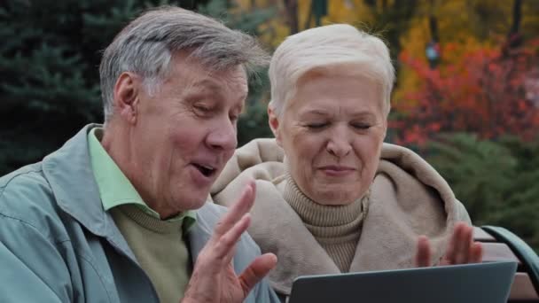 Позитивная пожилая пара делает видеозвонок с помощью ноутбука старшего поколения людей и современных беспроводных технологий простое использование устройства веселой зрелой семьи пользуются онлайн чат концепции удаленного общения - Кадры, видео