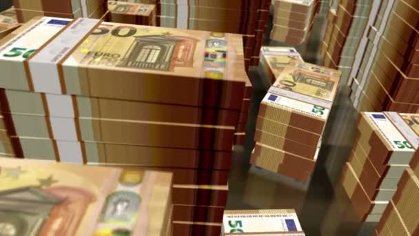 Денежные пачки евро лопаются. 3D рейс более 50 евро банкноты стеки башни. Цикл плавной анимации. Абстрактная базовая концепция бизнеса, инфляции, экономического кризиса, рецессии, долга, финансов в ЕС. - Кадры, видео