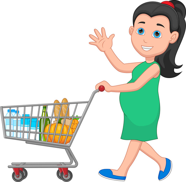 pregnant young mother carrying groceries in shopping trolley - Vector, Image