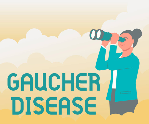 Conceptual caption Gaucher Disease. Internet Concept autosomal recessive inherited disorder of metabolism Woman Looking Through Hand Held Telescope Seeing New Opportunities. - Photo, Image