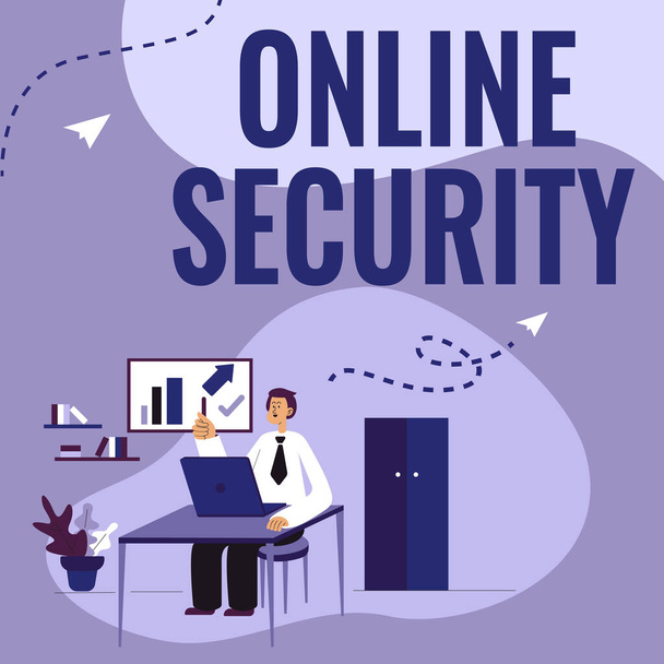 Rukopis textu Online Security. Obchodní nápad pravidla na ochranu před útoky přes internet Muž sedí na stole pracovní a prezentaci nových technologií. - Fotografie, Obrázek