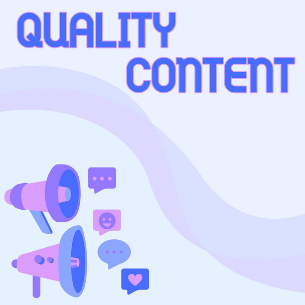 品質コンテンツを表示するテキストキャプション。価値を提供し、素晴らしい文章で構成されるインターネットコンセプトコンテンツチャットクラウドで発表を行うメガホンの描画のペア. - 写真・画像