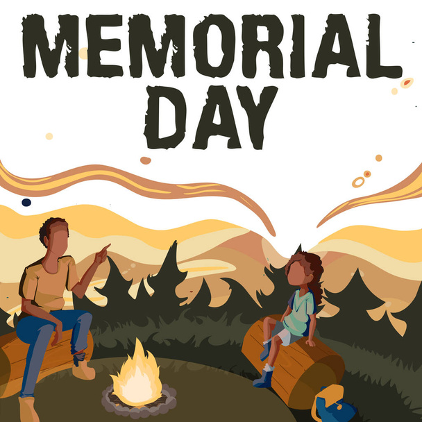 Inspiração mostrando sinal Memorial Day. Ideia de negócio lembrando os militares que morreram em serviço Pai e filha sentados ao lado da fogueira Acampar no parque - Foto, Imagem