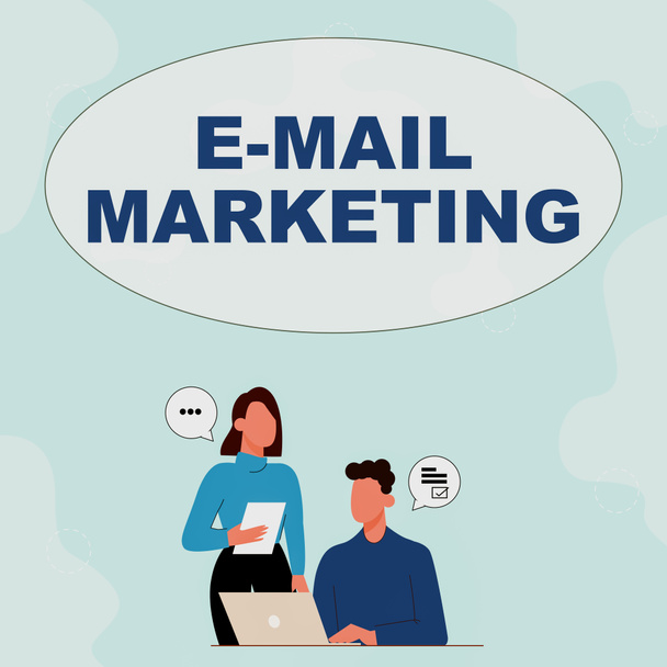 Sign displaying Email Marketing. Word Written on Sending a commercial message to a group of showing using mail Partners Sharing New Ideas For Skill Improvement Work Strategies. - Photo, Image