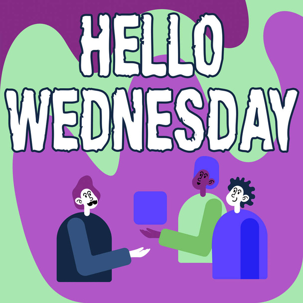 Szöveg megjelenítése Hello Wednesday. Szó a Hump nap közepén a munkahét a naptár Munkatársak Megjelenítése Cube képviselő csapatmunka Beszélgetés jövő projekt. - Fotó, kép