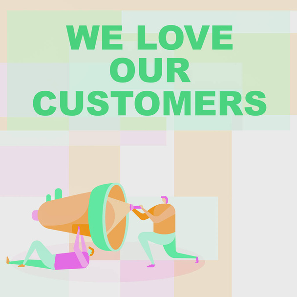 インスピレーションを示す兆候私たちはお客様を愛する。ビジネスコンセプト｜私たちは、メガホンを修正するために懐中電灯で助け合うお客様の労働者を愛しています. - 写真・画像