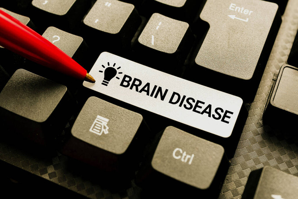 Konzeptionelle Darstellung von Gehirnerkrankungen. Unternehmen zeigen eine neurologische Störung, die das System verschlechtert s sind Nerven Veröffentlichung maschinengeschriebener Dokumente online, Tippen langfristiger Verträge - Foto, Bild