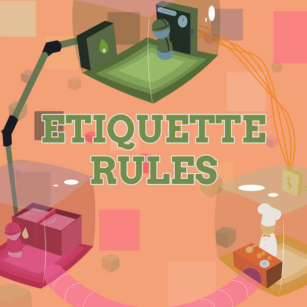 Rukopis Etiquette Rules. Slovo o o zvycích, které kontrolují akceptované chování v sociálních skupinách Připojené kabiny Poskytování nezbytných zdrojů na pracovišti. - Fotografie, Obrázek