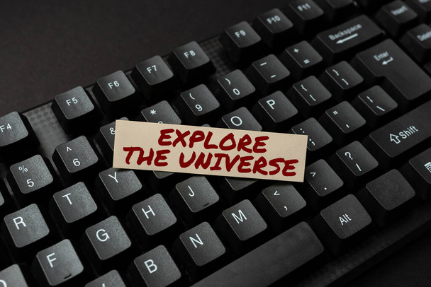 Conceptual display Explore The Universe. Business concept Space and Scientific discovery of the galaxies Creating Social Media Comment Message, Typing Fun Questions And Answers - Photo, Image