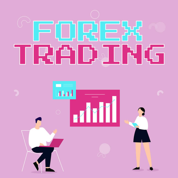 Forex Trading 'i gösteren bir tabela. Kavram, iki ya da daha fazla ülke arasında para değişimi anlamına gelir. Dizüstü bilgisayar kullanan Adam ve Gelişme İçin Kız Ayakta Paylaşan Fikirler. - Fotoğraf, Görsel
