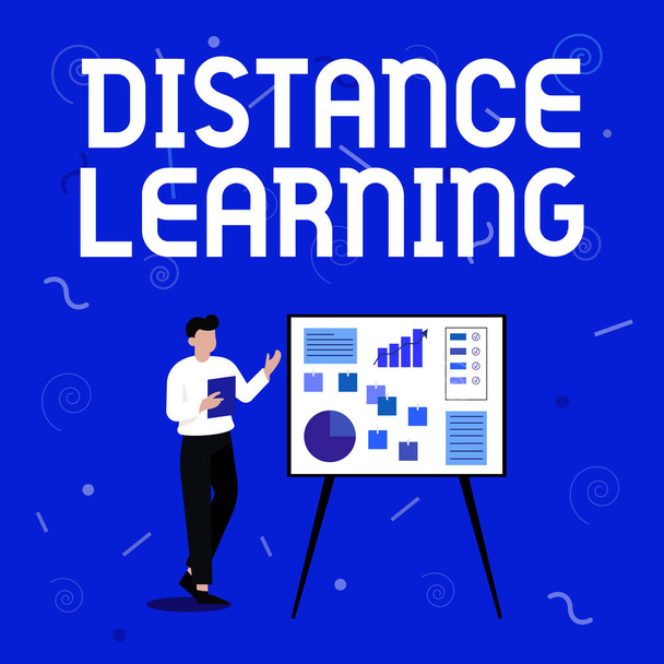Inspiration showing sign Distance Learning. Business idea educational lectures broadcasted over the Internet remotely Businessman Drawing Standing Presenting Ideas For Their Success. - Photo, Image