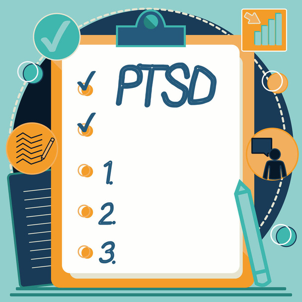 Text sign showing Ptsd. Word Written on Post Traumatic Stress Disorder Mental Illness Trauma Fear Depression Clipboard Drawing With Checklist Marked Done Items On List. - Photo, Image