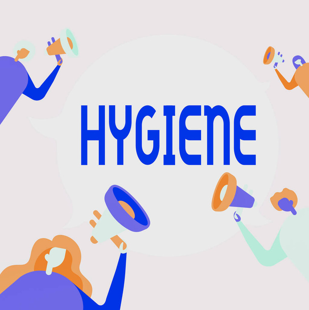 Inspiration showing sign Hygiene. Conceptual photo study of science of the establishment and maintenance of health People Drawing Holding Their Megaphones Talking With Each Other. - Photo, Image
