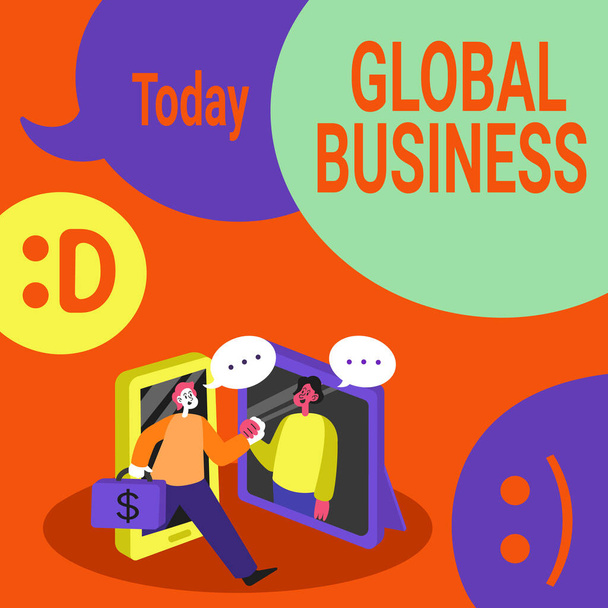 Υπογραφή εμφάνισης Global Business. Internet Concept Εμπόριο και επιχειρηματικό σύστημα μια εταιρεία κάνει σε όλο τον κόσμο Δύο Συνάδελφοι Συνάντηση σε απευθείας σύνδεση Συζητώντας Μελλοντικές Ιδέες Έργου. - Φωτογραφία, εικόνα