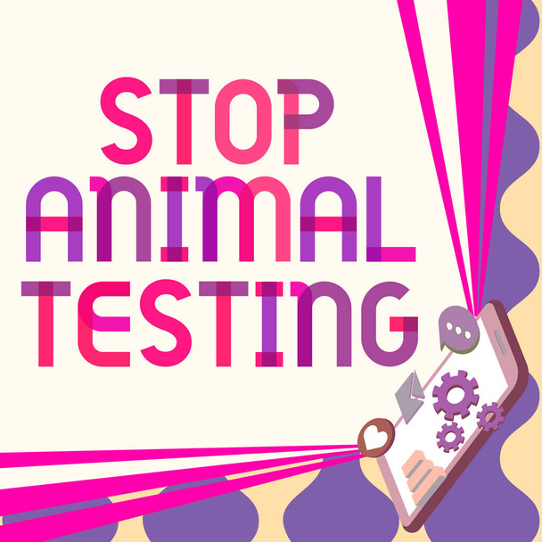 Inspiração mostrando sinal Stop Animal Testing. Palavra Escrita em experimento científico que animais vivos forçados passam por Desenho Móvel Compartilhando Comentários Positivos e Boa Bolha de Fala - Foto, Imagem