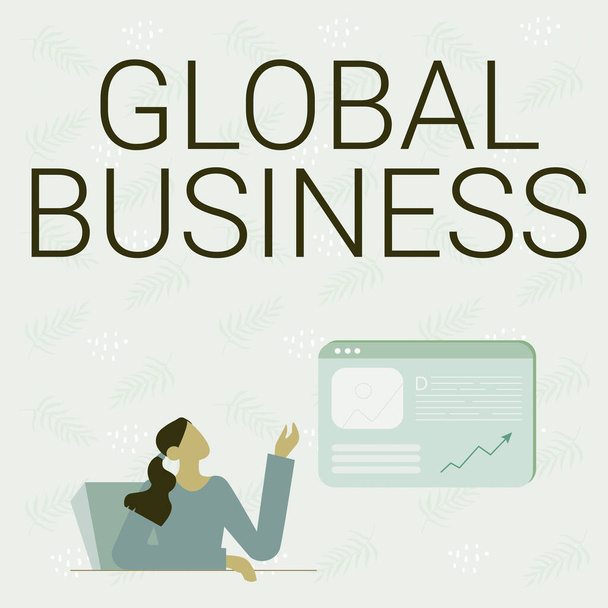 Pokaz koncepcyjny Global Business. Conceptual photo Handel i system biznesowy firma robi na całym świecie Line Drawing For Lady Siedząc prezentując nowe pomysły z ekranu przeglądarki internetowej - Zdjęcie, obraz
