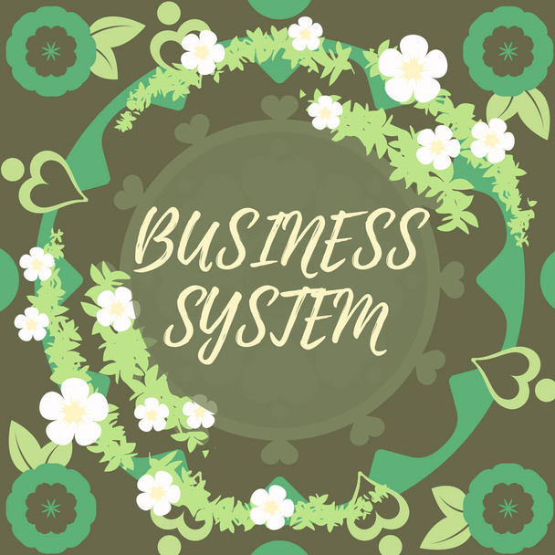 テキストビジネスシステムを表示する書き込み。言葉組織の情報を分析する方法に書かれた抽象化された近代化されたフォームの花や葉で飾られたブランクフレーム. - 写真・画像