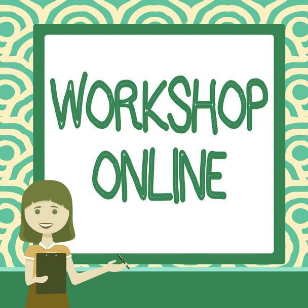 Натхнення, що показує знак Workshop Online. Діловий підхід Майстерня онлайн леді малювання Постійний Холдинг Кліпборд Представляючи нові ідеї команді
 - Фото, зображення