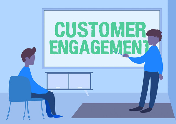 Sign displaying Customer Engagement. Conceptual photo the emotional connection between a customer and a brand Teacher And Student Drawing Having Class Privately Inside A Classroom. - Photo, Image