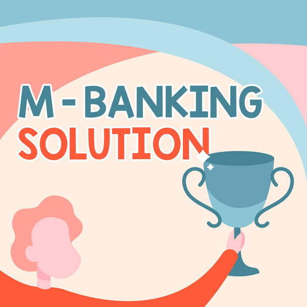 Τίτλος κειμένου που παρουσιάζει το M Banking Solution. Έννοια σημαίνει πρόσβαση τραπεζικής μέσω μιας εφαρμογής στο smartphone Man Holding Trophy Cup High Γιορτάζοντας το επίτευγμα της νίκης. - Φωτογραφία, εικόνα