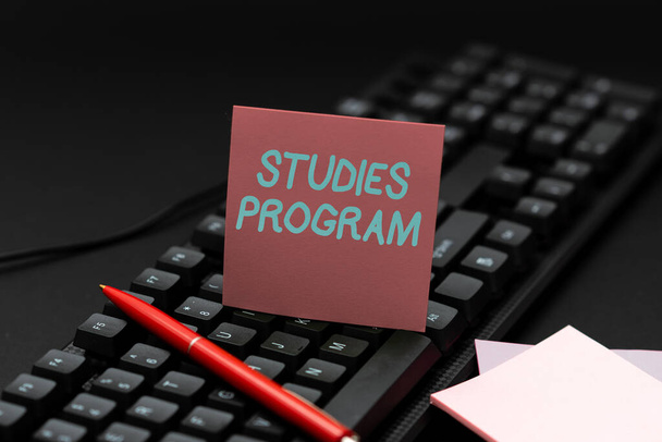 Sign displaying Studies Program. Word Written on Platform help move you towards a college and career path Typing Program Schedule, Retyping And Debugging Program String Codes - Photo, Image