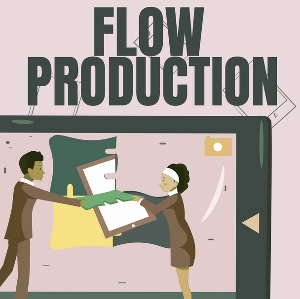Tekst pokazujący inspirację Flow Production. Przedmioty prezentowane w biznesie są produkowane od jednego etapu przetwarzania do następnego Koledzy Budowanie nowych planów projektowych Prezentowanie najnowszych pomysłów. - Zdjęcie, obraz