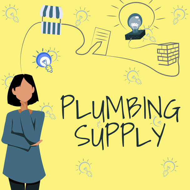 Sign displaying Plumbing Supply. Conceptual photo tubes or pipes connect plumbing fixtures and appliances Woman Innovative Thinking Leading Ideas Towards Stable Future. - Photo, Image