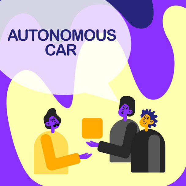 Text sign showing Autonomous Car. Concept meaning vehicle that can guide itself without human conduction Colleagues Displaying Cube Representing Teamwork Discussing Future Project. - Photo, Image