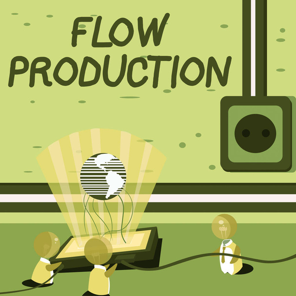 Inspiráció, ami a Flow Production jeleit mutatja. Az üzleti koncepció elemei az egyik feldolgozási lépéstől a másikig jönnek létre Globális ötletek, amelyek összekapcsolódnak az új technológiai eredmények kialakításában. - Fotó, kép