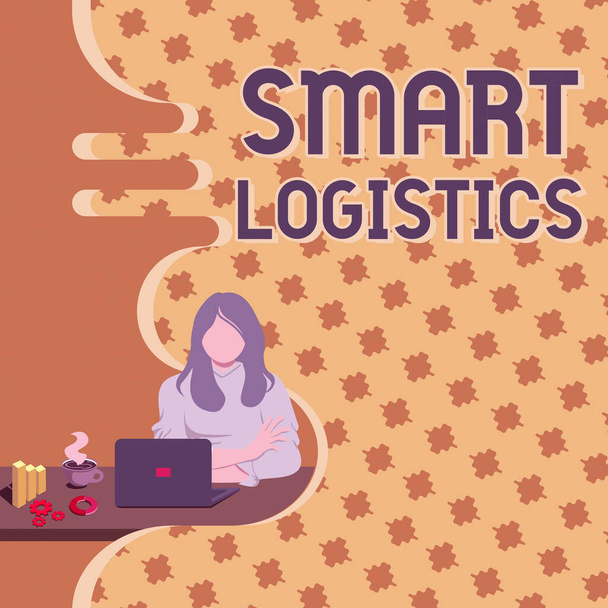 Teksti inspiraatiota Smart Logistics. Käsitteellä tarkoitetaan älykkään teknologian integrointia logistiikkajärjestelmään Nainen istuu kannettavan tietokoneen avulla Online-istunto Keskustelu Uusimmat hankkeet. - Valokuva, kuva