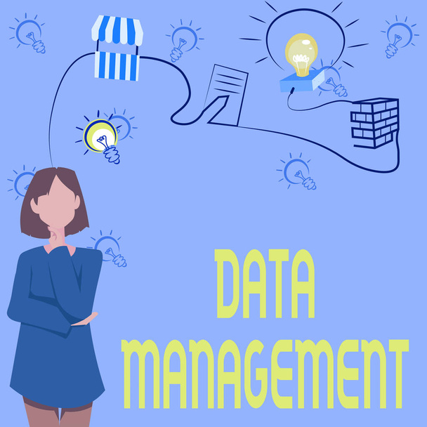 Conceptual caption Data Management. Conceptual photo The practice of organizing and maintaining data processes Woman Innovative Thinking Leading Ideas Towards Stable Future. - Photo, Image