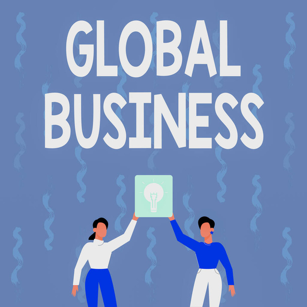Hand writing sign Global Business. Business approach Trade and business system a company doing across the world Two Colleagues Holding Lamp Presenting New Achievement Reached. - Photo, Image