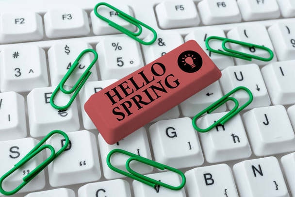 El yazısı işareti Hello Spring. Taze bitkiler ve çiçek açan mevsim için iş genel değerlendirmesi Yeni Hikaye Başlığını Düzenleme, Çevrimiçi Sunum Notları Yazma - Fotoğraf, Görsel