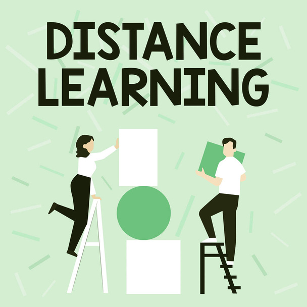 Text caption presenting Distance Learning. Business concept educational lectures broadcasted over the Internet remotely Couple Drawing Using Ladder Placing Big Empty Picture Frames To A Wall. - Photo, Image