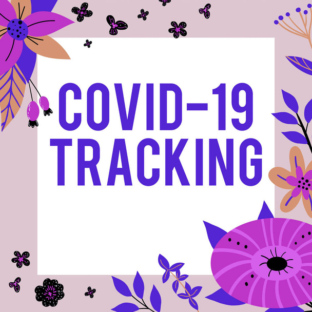 Textová značka ukazující Covid 19 Tracking. Obchodní přístup Rozlišovací proces možných infikovaných jedinců Textový rámec obklopen rozmanitými květinami Srdce a listy. - Fotografie, Obrázek