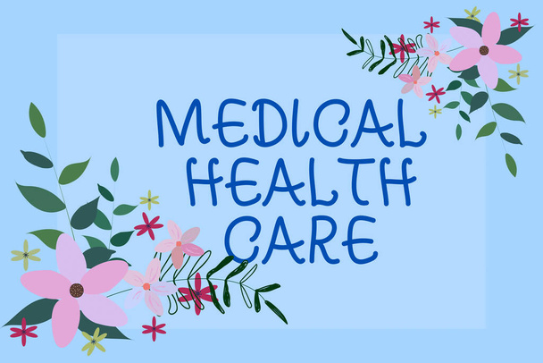 コンセプトキャプション｜Medical Health Care。予防診断によるインターネットコンセプトの維持または改善関連する花や葉で囲まれたテキストフレーム. - 写真・画像