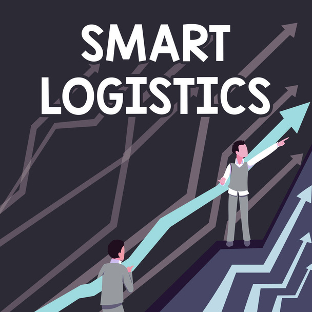 Signo de texto que muestra Smart Logistics. Integración de la tecnología inteligente en el sistema logístico Arrows Guiding Two Collaborating Businessmen Towards Better Financial Plan. - Foto, imagen