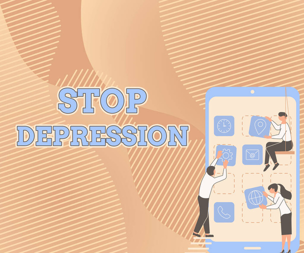 Kézírási szöveg Stop Depresszió. Üzleti ötlet véget vet a súlyos kétségbeesés és depresszió érzésének Három kolléga hordozza S dekoráció Mobil alkalmazás. - Fotó, kép